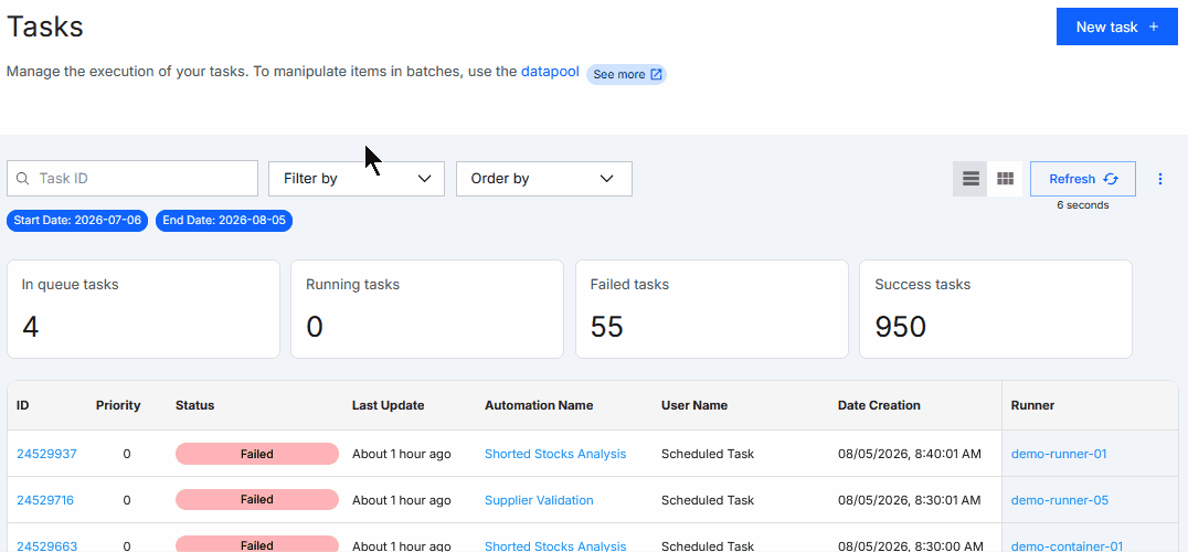 GIF of the BotCity Orchestrator, in the Tasks menu, showing the filters for task viewing. Shows the three main fields available for filtering: Search by ID, Filter, Sorting.