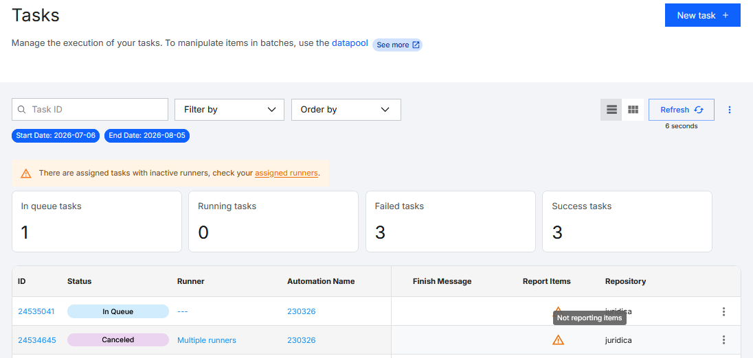 Screenshot of the BotCity Orchestrator, in the Tasks menu, showing an unreported items warning for tasks that were completed without reporting the total number of processed items. The alert is displayed in the "Report Items" column and includes a warning icon.