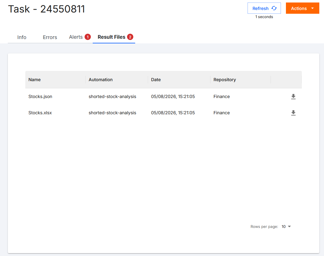 Screenshot of the BotCity Orchestrator, on the information page of a specific task, showing the task ID, the available actions button for the task and the navigation tabs to access the Information, Errors, Alerts (selected) and Result Files sections. The tab contains a number indicating the quantity of files generated during the task's execution. The table displays the list of files generated during the task's execution available for download.