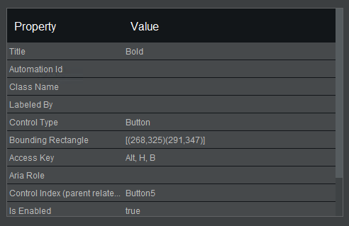 Win Inspector - Properties Table