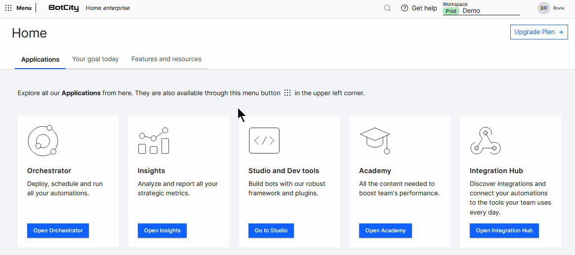Global Menu Animation showing the BotCity platform's global menu, accessible in the upper left corner of the web platform, through the 'Menu' button