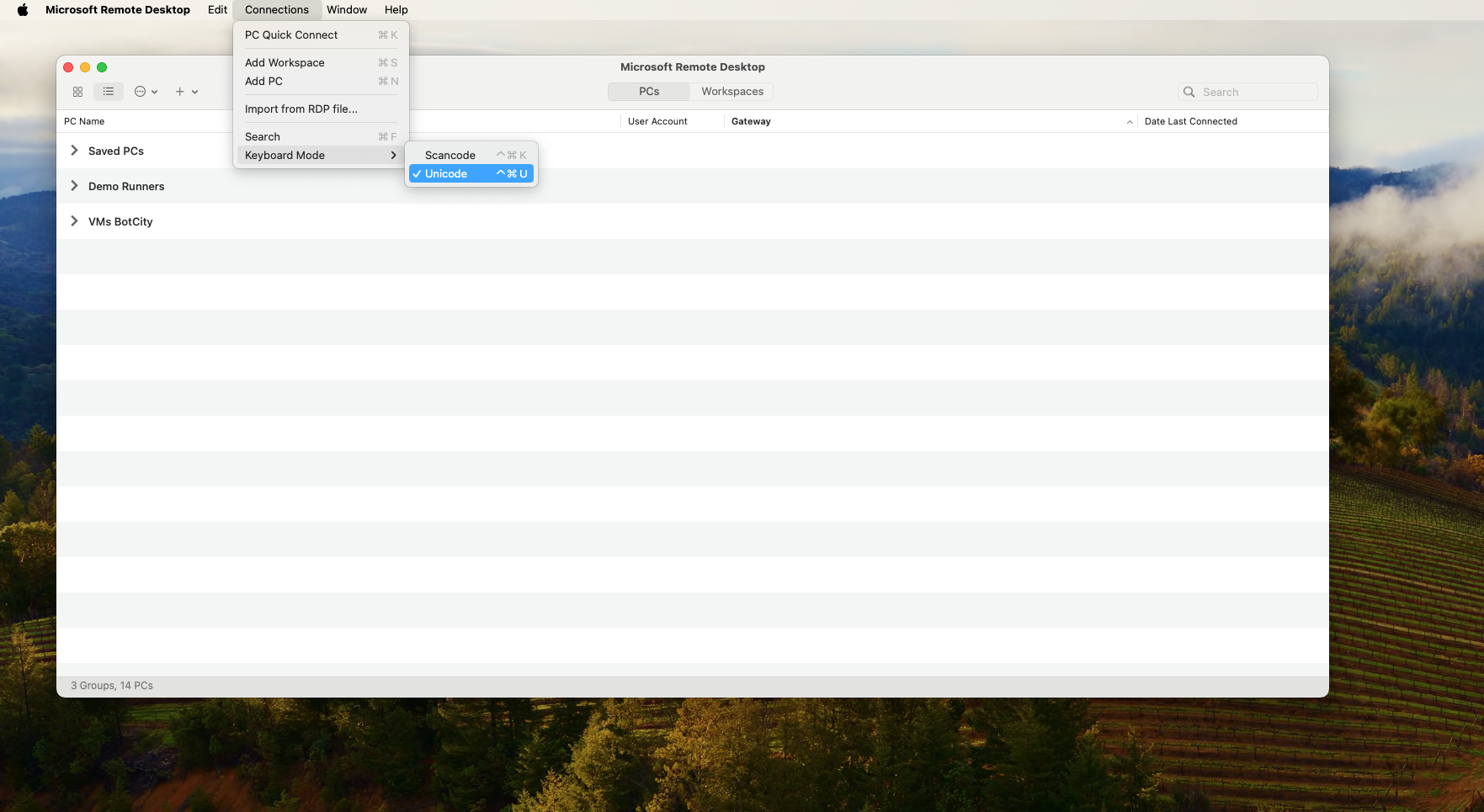 Microsoft Remote Desktop settings screen on MacOS with the Keyboard Mode option set to Unicode.