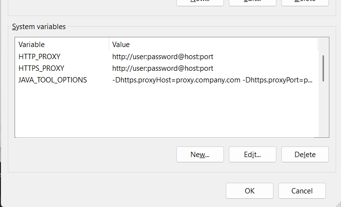 Windows Environment Variables screen showing the HTTP_PROXY and HTTPS_PROXY system variables, both set to http://user:password@host:port.
