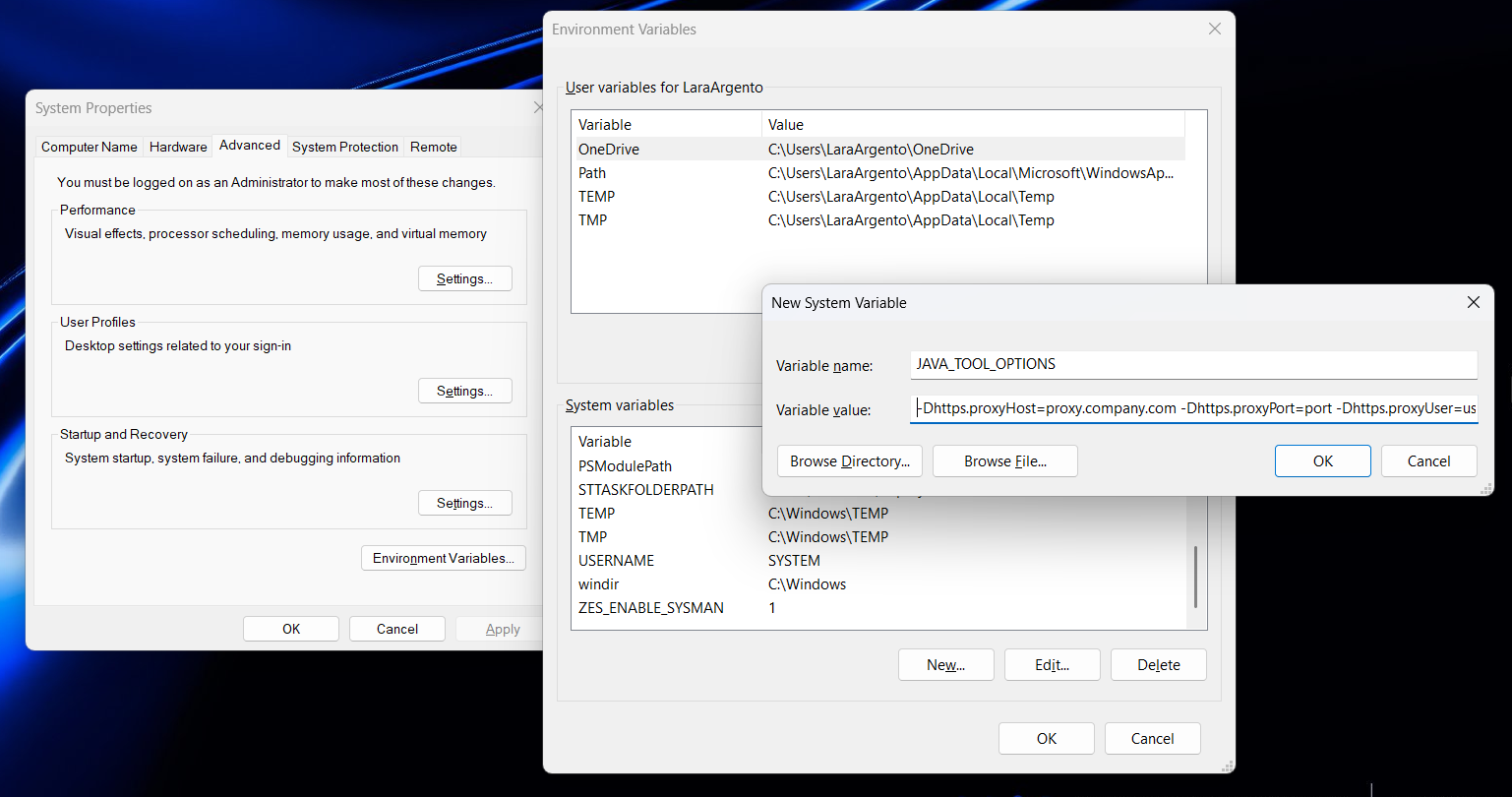 Windows Environment Variables screen showing the creation of the JAVA_TOOL_OPTIONS system variable with the proxy properties value.