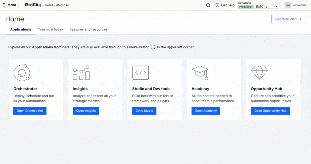 GIF demonstrating how to search for workspaces in the top menu of the BotCity Home screen. When you click on workspaces, in addition to listing the workspaces, there is a search field available for typing