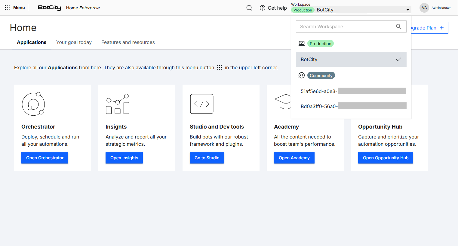 Screenshot of the BotCity Home screen, highlighting the workspace selection menu at the top. The Applications menu lists the applications enabled for the selected workspace, available in cards with an access button for each: Orchestrator; Insights; Studio and Dev Tools; Academy.