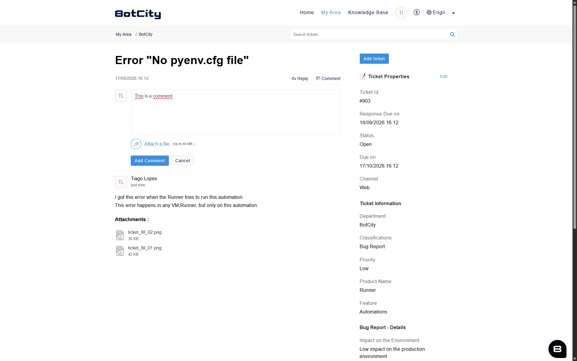 Field to add a comment to the ticket, with the option to attach a file and the Add Comment and Cancel buttons