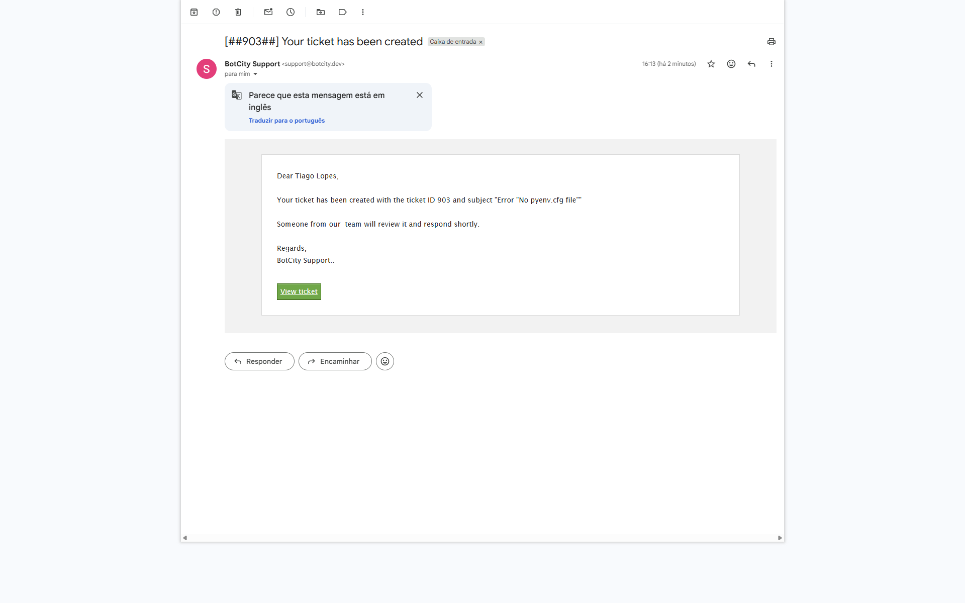 Confirmation email stating that the ticket was created, with the ticket number and the "View ticket" button