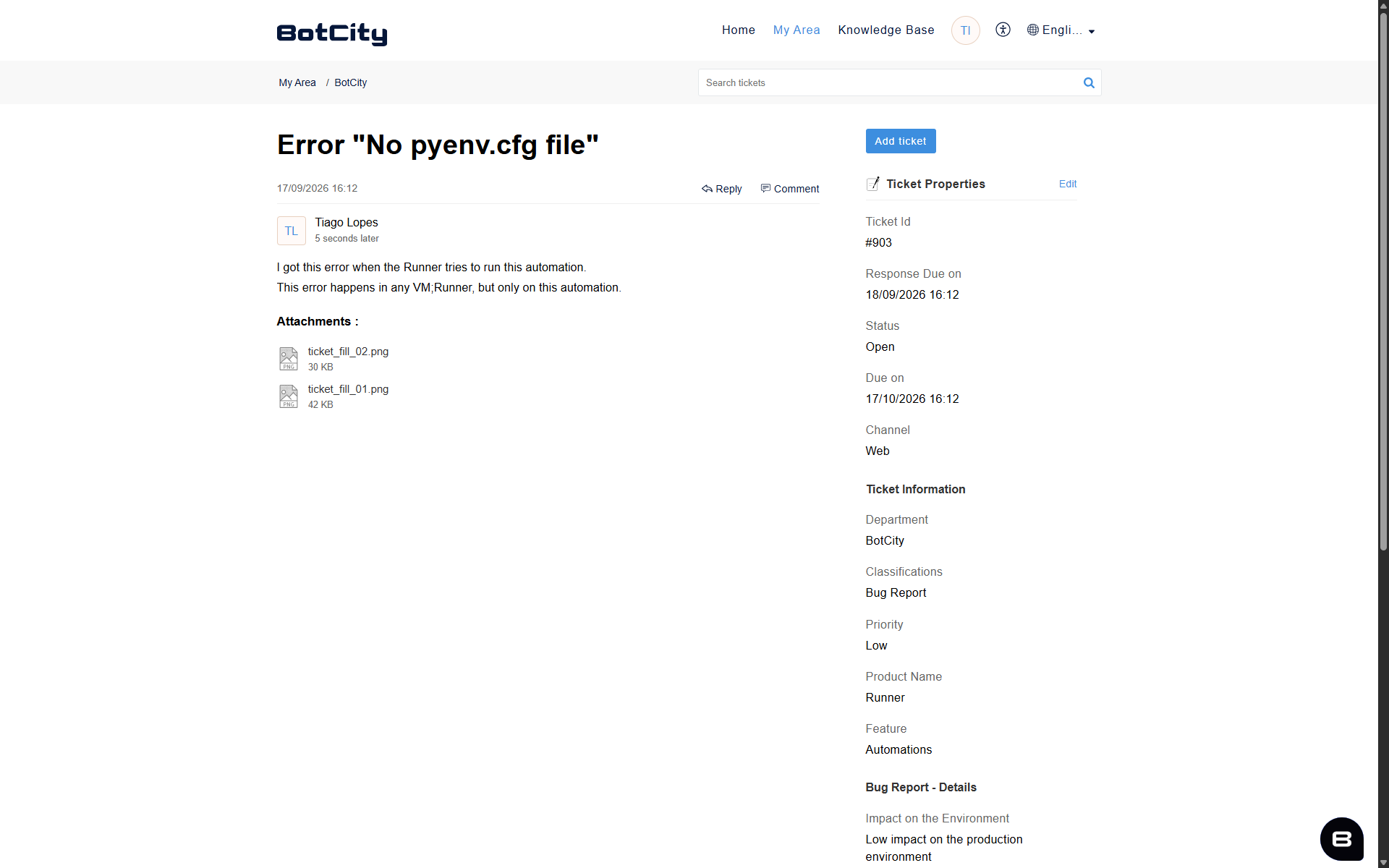 Created ticket page showing the properties panel with Ticket Id, status, response deadlines, and attached files
