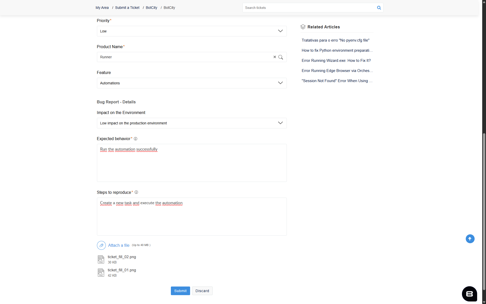 Continuation of the form showing the Priority, Product Name, Feature, Impact on the Environment, Expected behavior, and Steps to reproduce fields