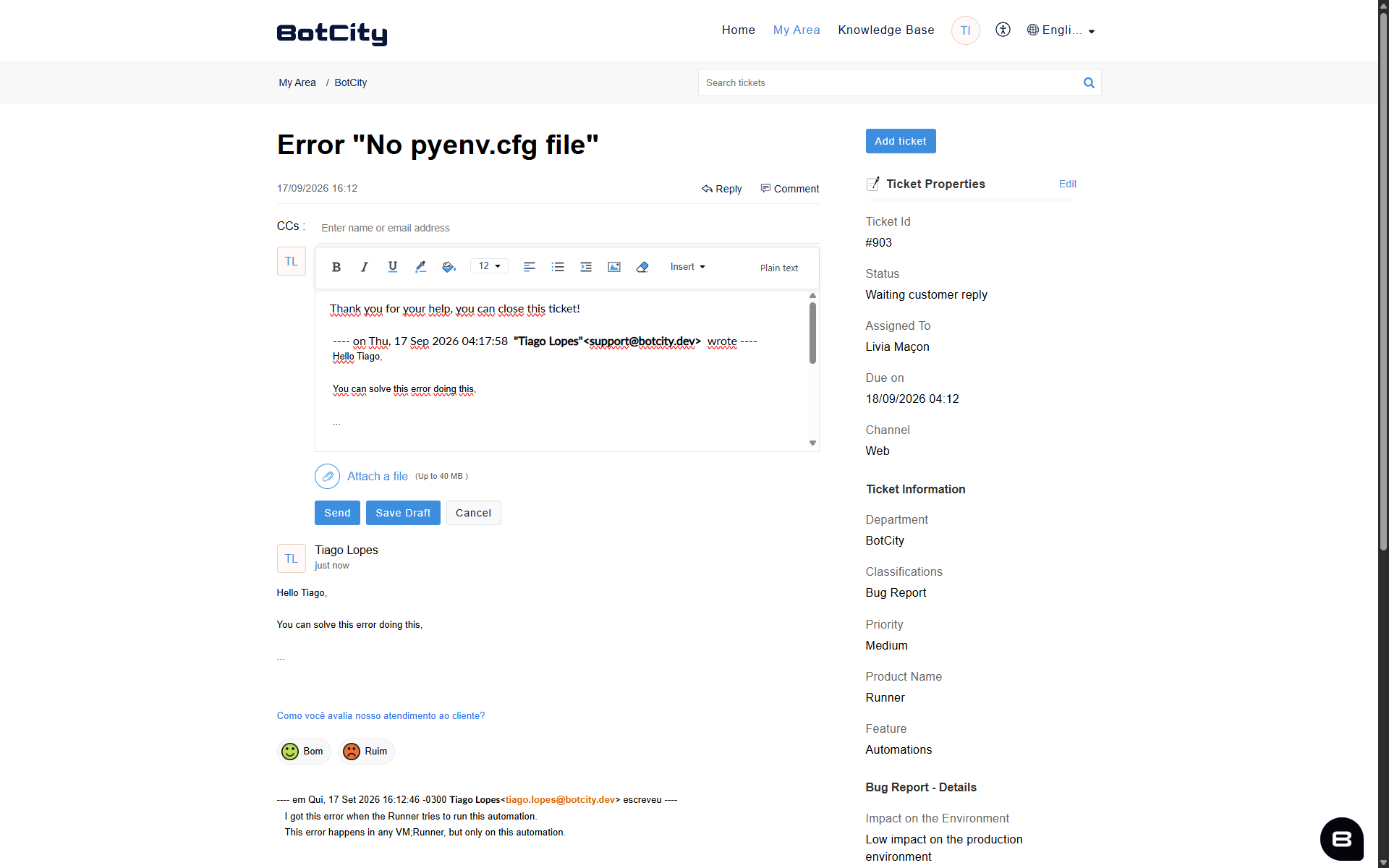 Ticket reply editor in the portal, with the CCs field, text formatting toolbar, and the Send, Save Draft, and Cancel buttons