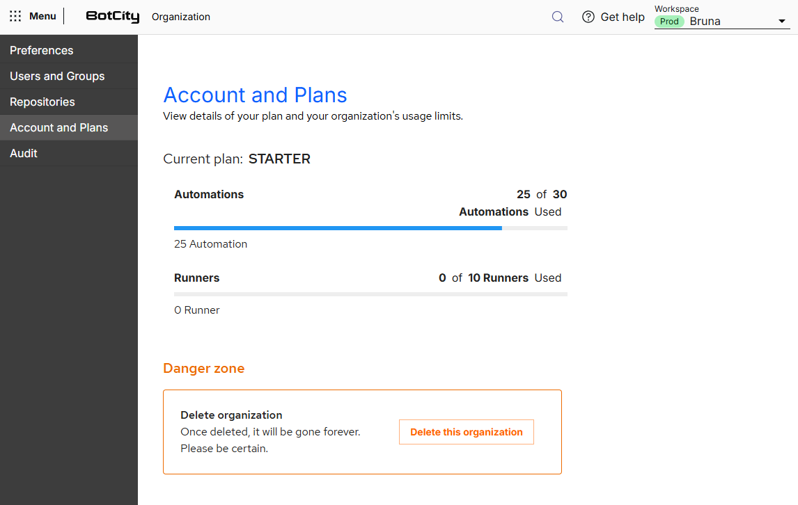 Menu Conta e Planos Captura de tela da Plataforma BotCity, no menu Conta e Planos, exibindo o plano atual STARTER e os indicadores de consumo de Automações e de Runners com suas barras de progresso, além da seção Zona de perigo com a opção de excluir a organização.
