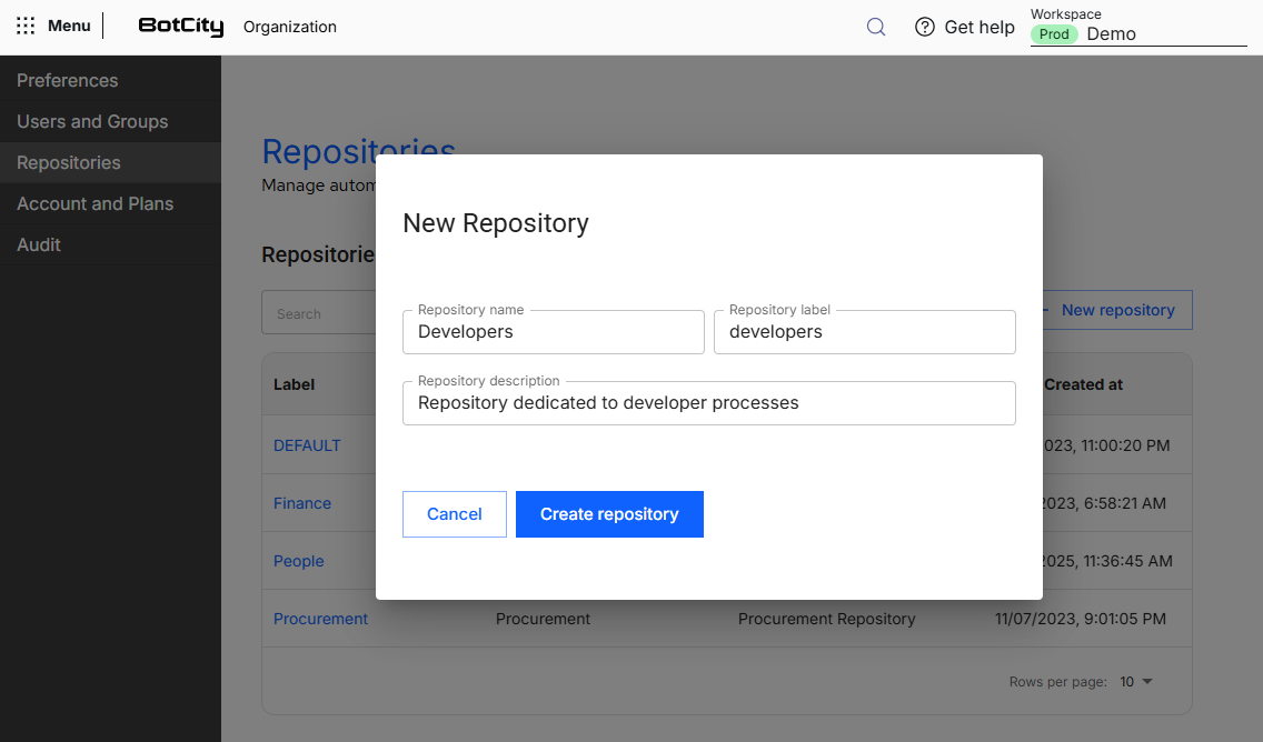 Formulário de criação de um novo repositório Captura de tela da Plataforma BotCity, no menu Repositórios, com o formulário "New Repository" aberto sobre a tabela de repositórios, exibindo os campos Repository name, Repository label e Repository description preenchidos e os botões Cancel e Create repository.