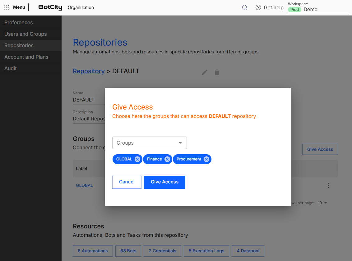 Formulário para dar acesso a grupos Captura de tela da Plataforma BotCity, na tela de informações do repositório DEFAULT, com o formulário "Give Access" aberto, exibindo o campo Groups, três grupos já selecionados em forma de etiqueta e os botões Cancel e Give Access.