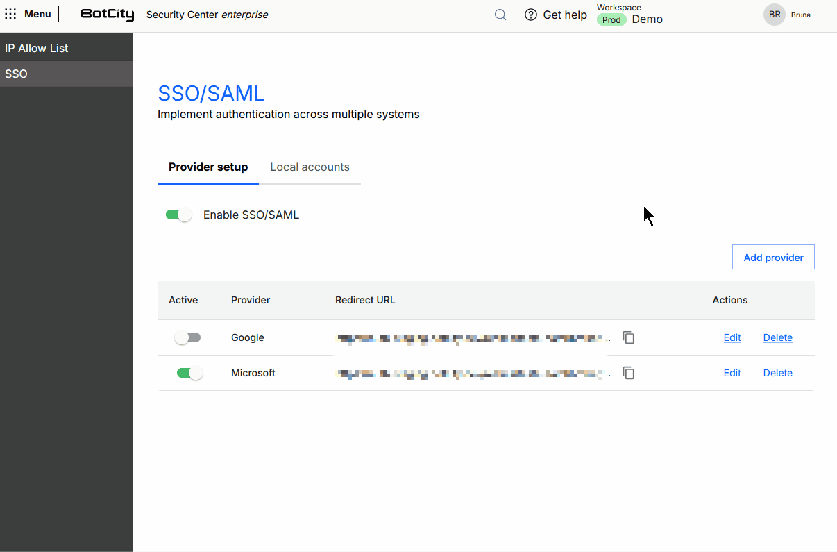 OpenID Connect configuration GIF demonstrating how to add a SAML provider. Click the Add Provider button in the upper right corner of the page, a modal window opens with the form, select the provider and click next, fill in the Display Name fields and upload the JSON file with the IdP settings, and click Confirm. The new provider becomes available in the management list.