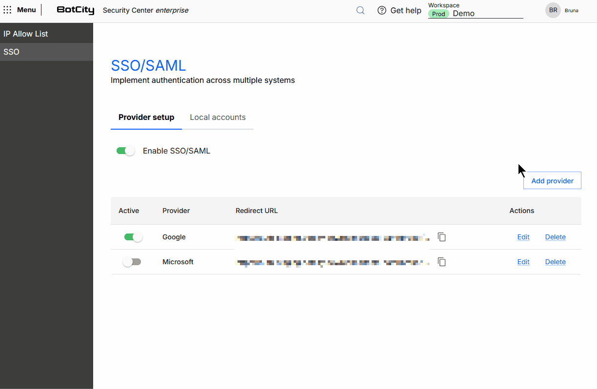 SAML configuration GIF demonstrating how to add a SAML provider. Clicks the Add Provider button in the upper right corner of the page, a modal window opens with the form, selects the provider and clicks next, fills in the Display Name field and loads the XML file with the IdP settings, and clicks Confirm. The new provider becomes available in the list for management.