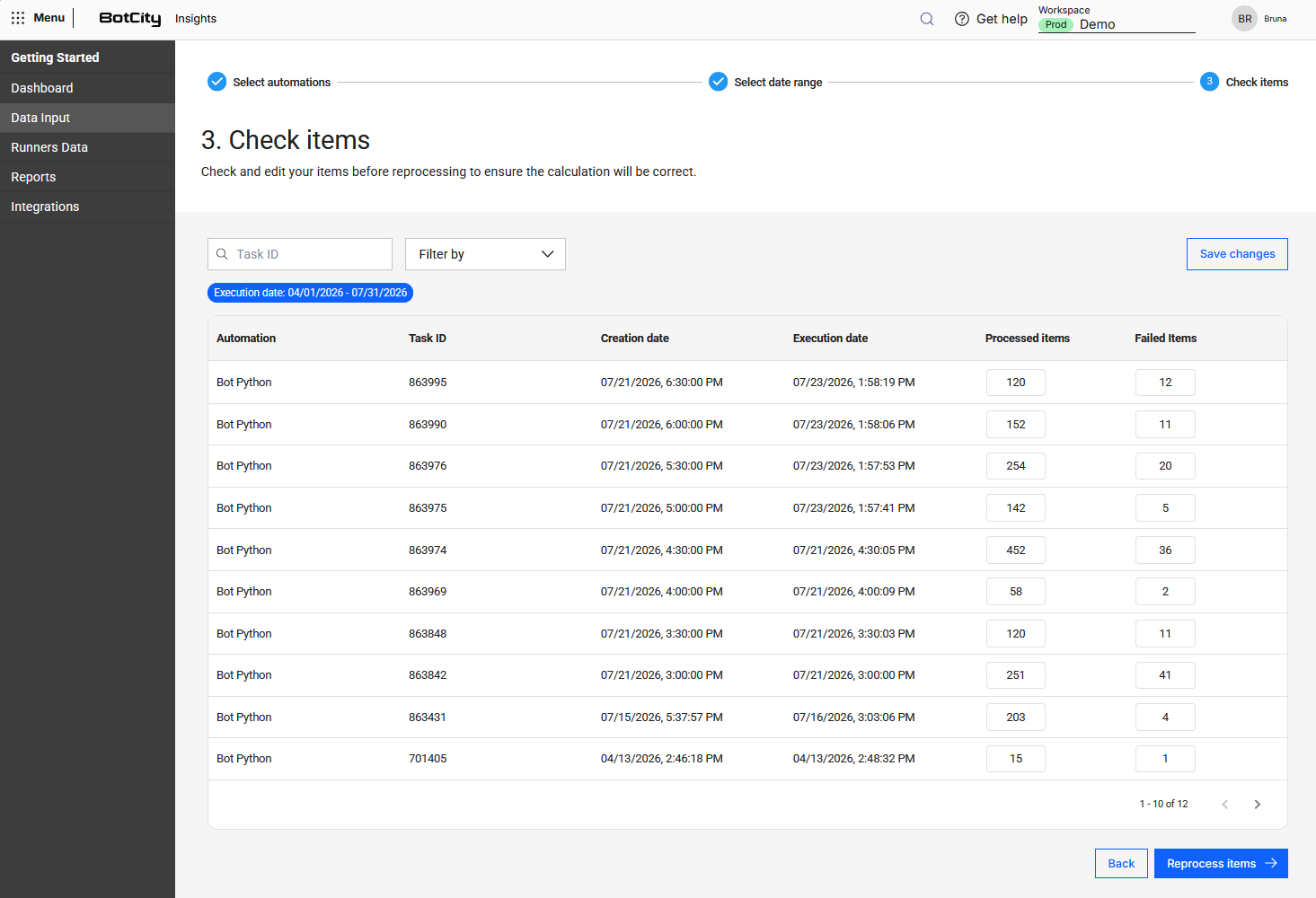 Reprocessamento de Itens - Checagem Final Tela "Verificar itens" exibindo uma tabela com as tarefas a serem reprocessadas, incluindo automação, Task ID, data de criação, data de execução, itens processados e itens com falha.