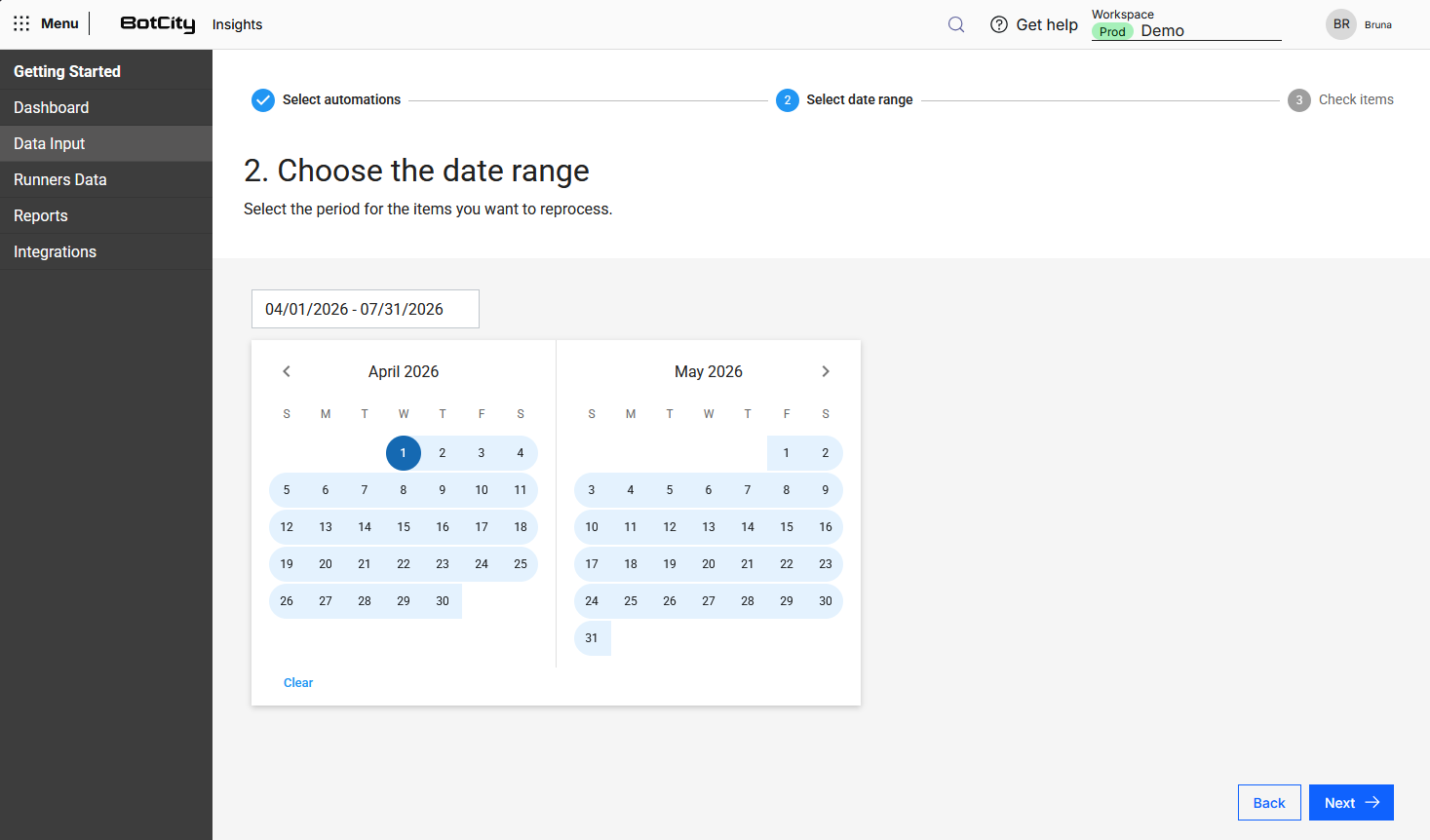 Reprocessamento de Itens - Selecionar Período Tela "Escolher o intervalo de datas" exibindo um calendário para seleção do período a ser reprocessado, com o intervalo de 01/04/2026 a 31/07/2026 selecionado.