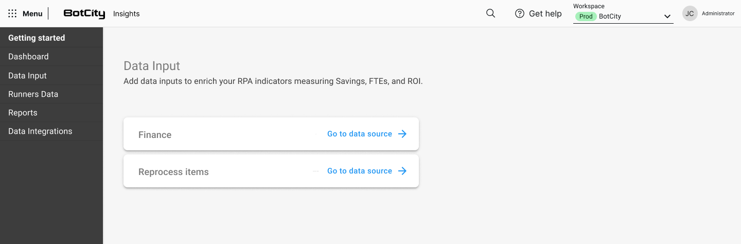 Nueva tarjeta de Reprocesamiento de Ítems en Entrada de Datos Página de Entrada de Datos de BotCity Insights que muestra las tarjetas "Finance" y "Reprocess items", cada una con el botón "Ir a fuente de datos".