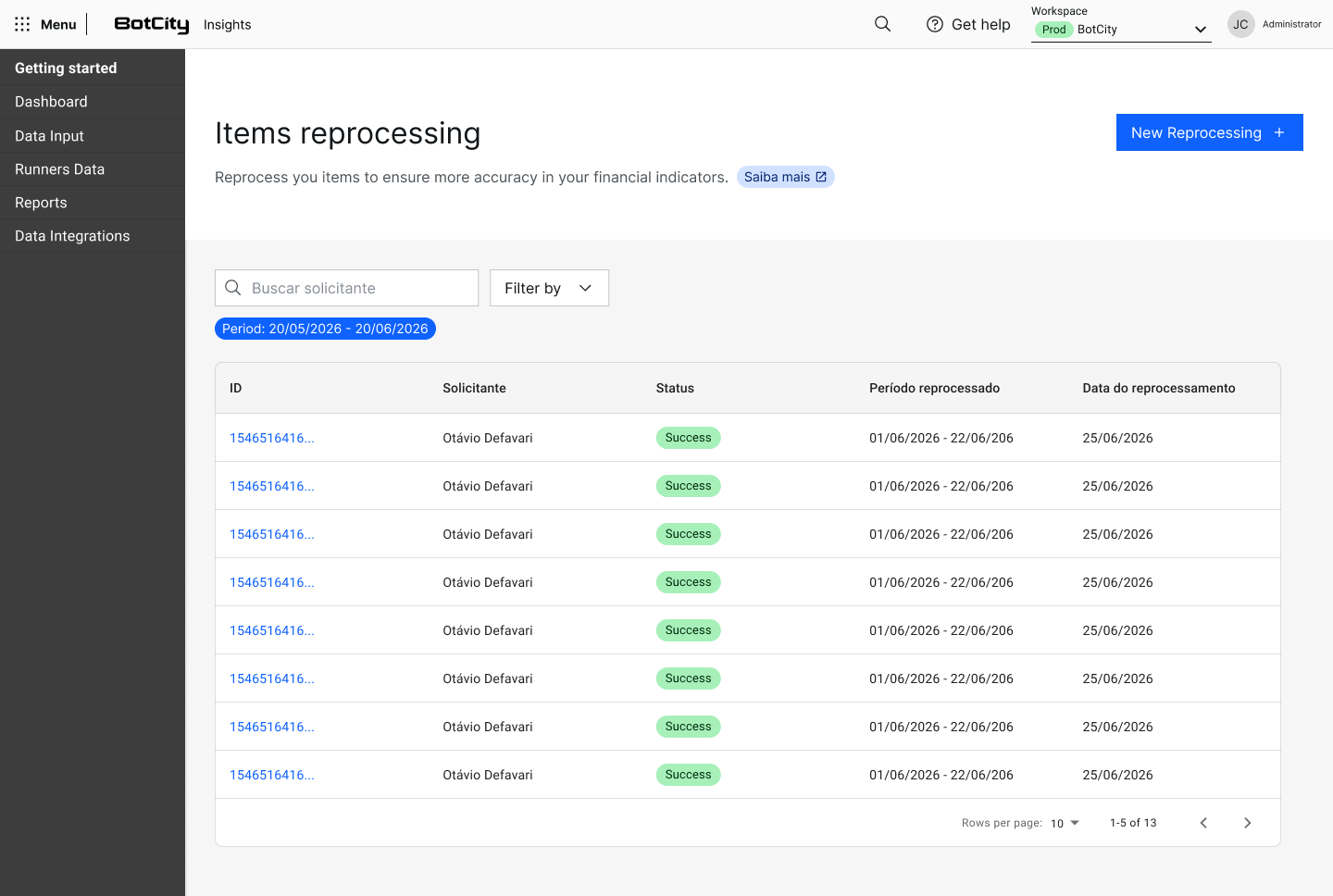 Reprocessamento de Itens - Status de Processamento Página de reprocessamento de itens exibindo a lista de solicitações com ID, solicitante, status "Success", período reprocessado e data do reprocessamento.