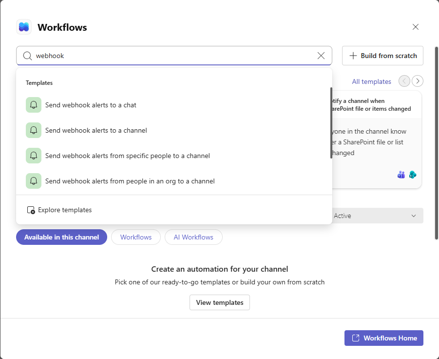 Plantillas de webhook en Workflows Pantalla de Workflows con las plantillas de webhook disponibles