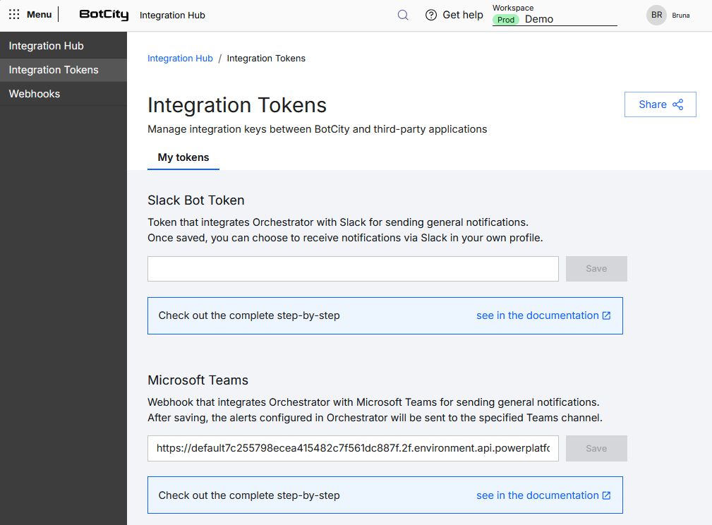 Tokens de Integración Captura de pantalla del Orquestador de BotCity mostrando la página de Tokens de Integración. La página muestra los campos que se deben completar con los tokens de integración para Slack Bot Token y Microsoft Teams junto con una breve descripción.