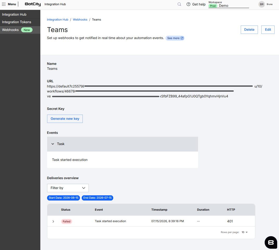 Detalhes de um webhook Captura de tela do Orquestrador da BotCity, apresentando a página de detalhes de um webhook. A página exibe os botões Delete e Edit no canto superior direito, os campos Name e URL, a seção Secret Key com o botão Generate new key, a seção Events com a categoria Task expandida mostrando o evento Task started execution, e a seção Deliveries overview com o campo Filter by, os filtros Start Date e End Date e uma tabela com as colunas Status, Event, Timestamp, Duration e HTTP.