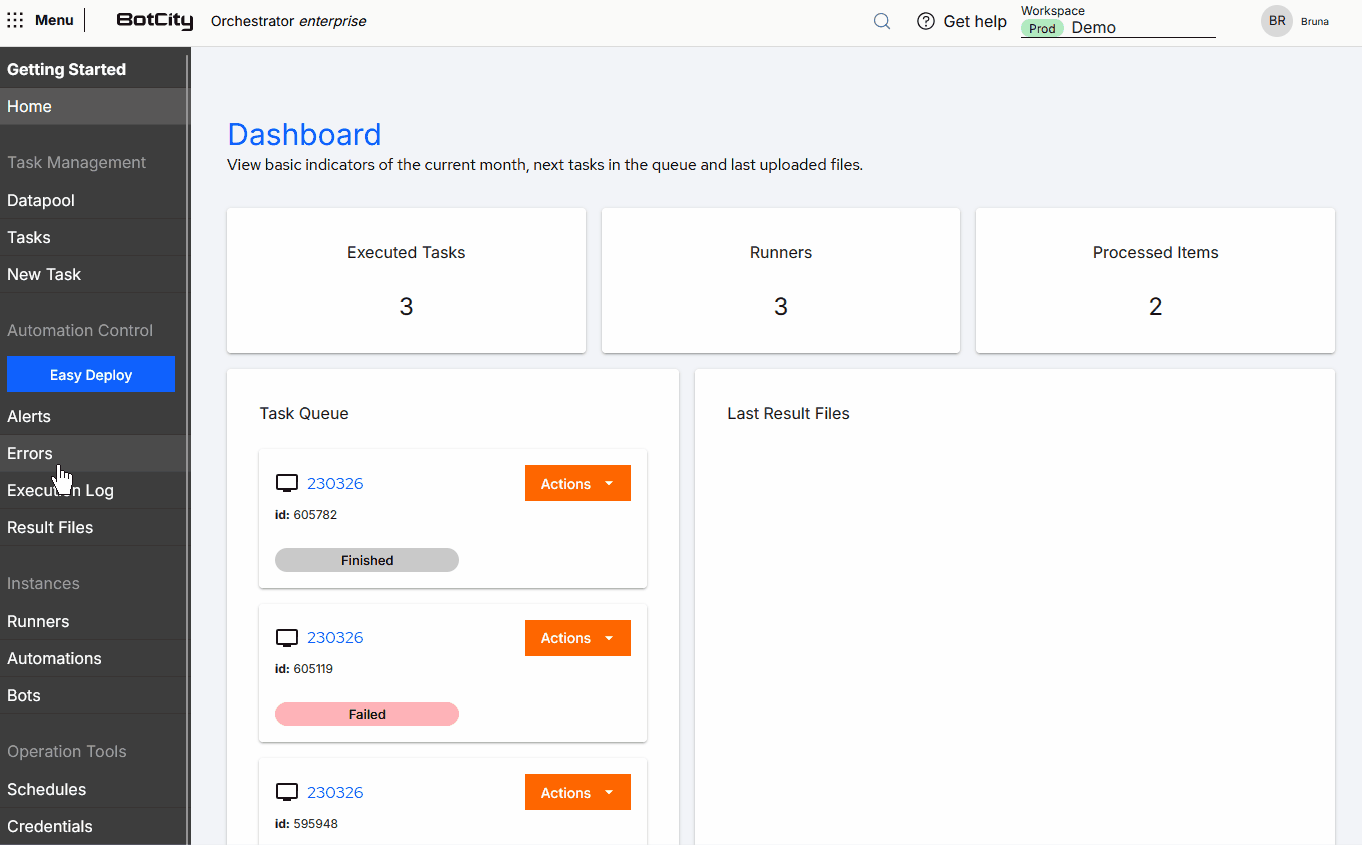 Fluxo de criação de Automação GIF demonstrando como criar uma nova automação. Fluxo acessando o menu Automações, clica em + Nova Automação, preenche os campos obrigatórios do formulário: Nome, Label, Repositório e Descrição. Finaliza clicando no botão de Salvar no canto superior direito.