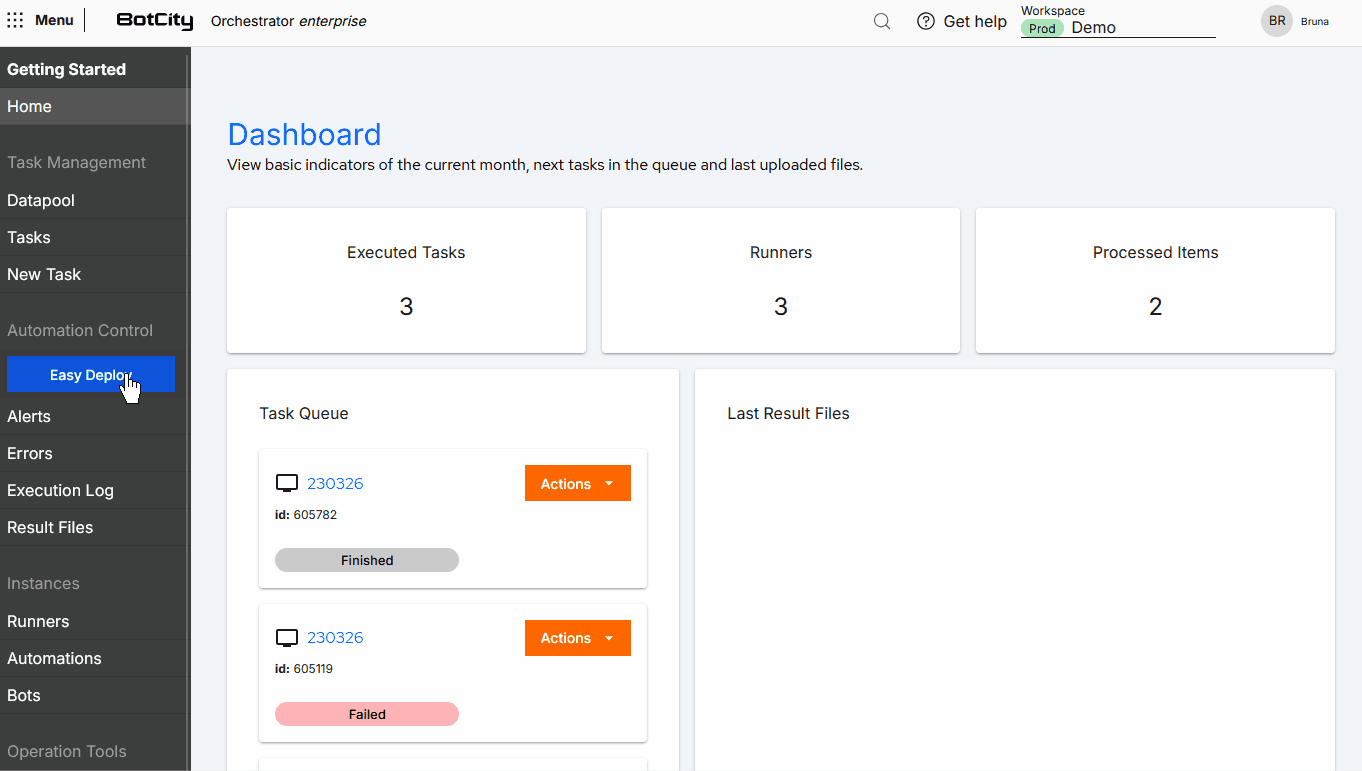 Fluxo de edição de Automação GIF demonstrando como editar uma automação. Fluxo acessando o menu Automações, clica em uma Automação existente, navega até a aba de politica de execução e desabilita o timeout. Finaliza clicando no botão de Salvar no canto superior direito.
