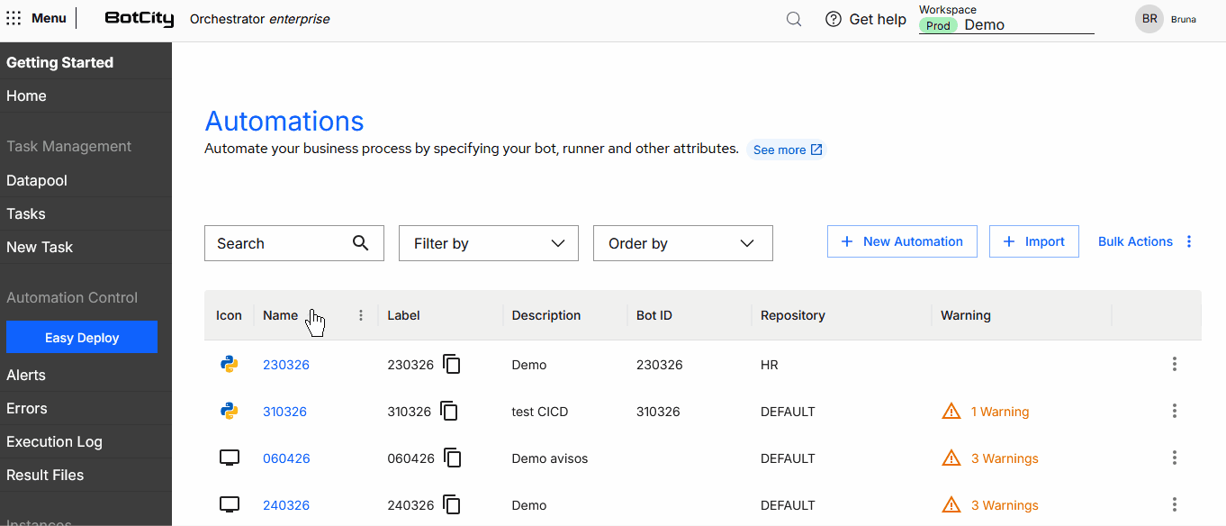 Busca e filtros de Automações Gif do Orquestrador da BotCity, apresentando os filtros para busca de erros. Mostra os três campos principais disponiveis para filtro: Busca por ID de tarefa, Filtro, Ordenação.