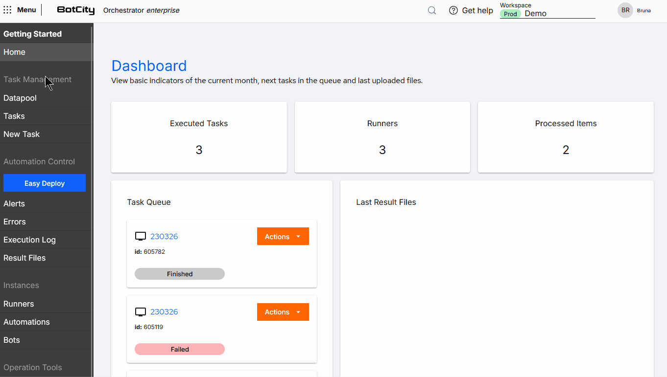 Fluxo de importação de Automação GIF demonstrando como importar uma automação. Fluxo acessando o menu Automações, clica em + Importar para abrir uma janela modal com o formulário de importação. Na janela, seleciona o arquivo de importação com a extensão ".json", seleciona o repositório para a automação e finaliza clicando em "Importar" ao final do formulário.