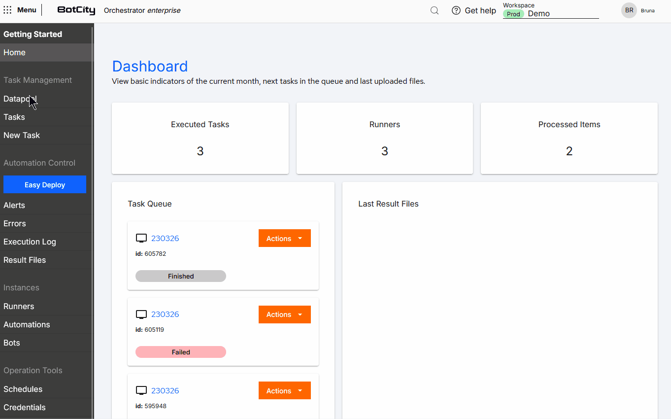 Fluxo de mover Automação de Repositório GIF demonstrando como mover uma automação de repositório. Fluxo acessando o menu Automações, clica no menu de ações de uma automação para abrir as opções, seleciona "Mover para repositório" para abrir uma janela modal. Na janela, selecione o novo repositório para essa automação, clique em Confirmar.