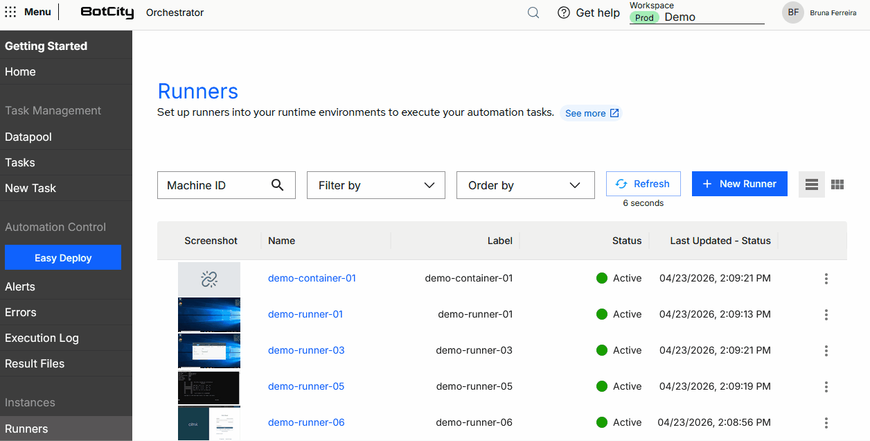 Runner Actions Button Animation demonstrating the use of the actions button available on a Runner's information page in the BotCity Orchestrator, with the options: Info, Logs, Screenshot, Edit, and Delete.