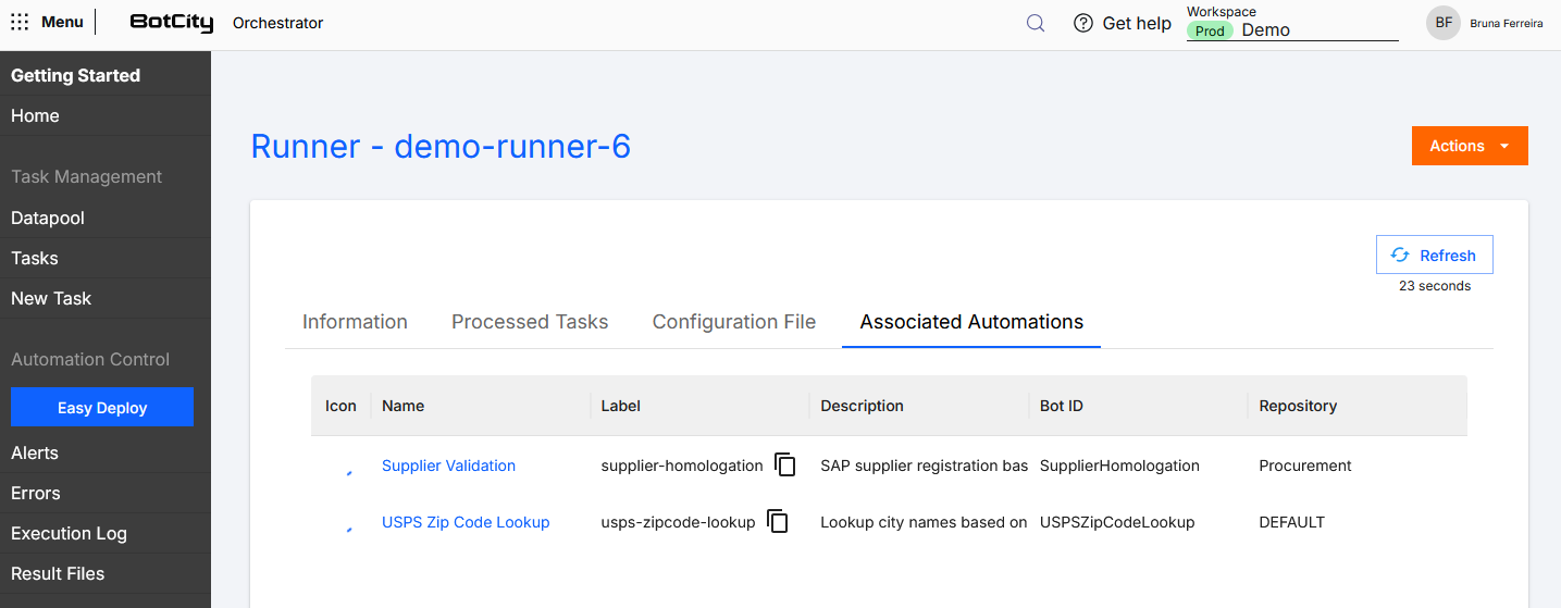 Runner Associated Automations Tab Screenshot of the BotCity Orchestrator, on the information page of a specific Runner, showing the Associated Automations tab with the list of automations linked to the Runner.
