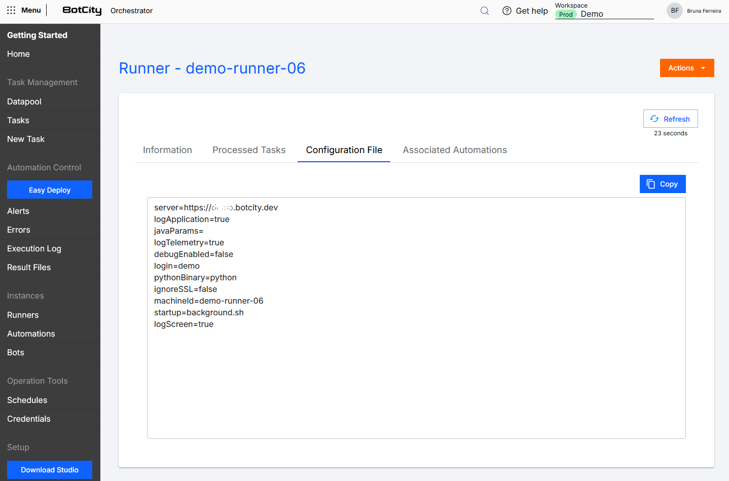 Runner Configuration File Tab Screenshot of the BotCity Orchestrator, on the information page of a specific Runner, showing the Configuration File tab with the content of the conf.bcf file displayed.