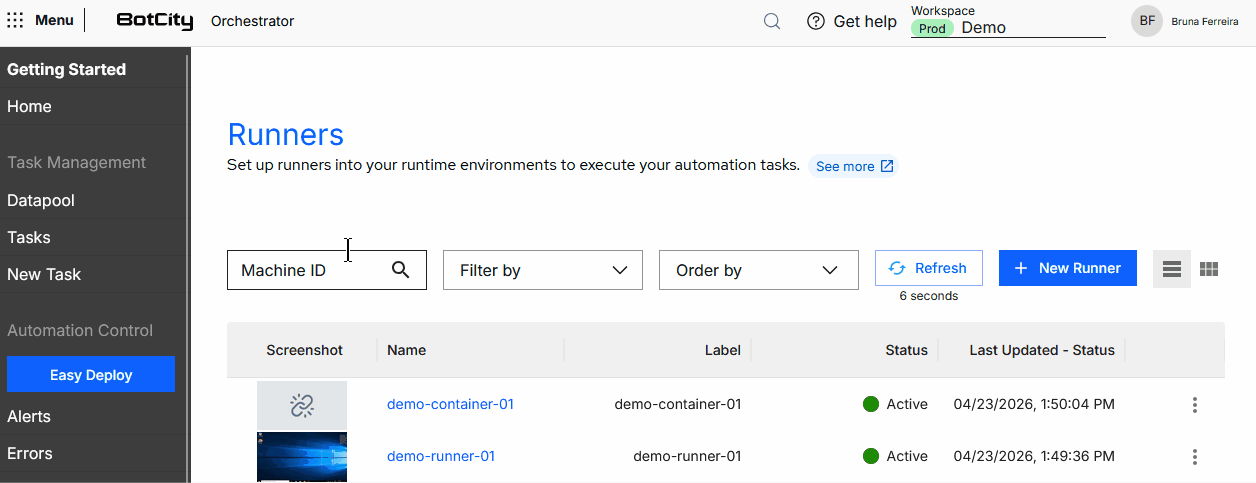 Filters and search in the Runners menu Animation demonstrating the use of the filters available in the BotCity Orchestrator Runners menu, including search by Runner ID, filters by name and status, and item sorting.