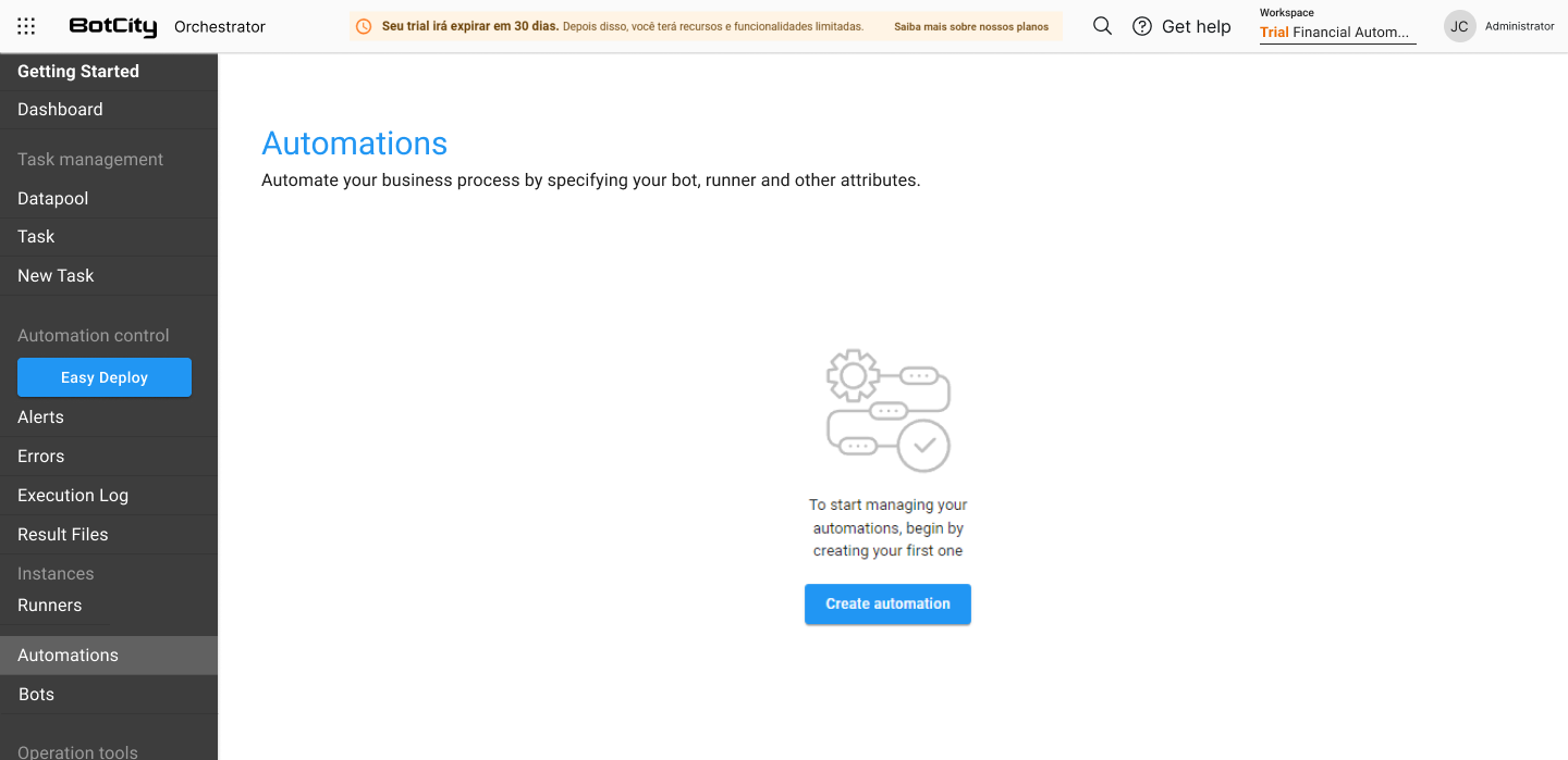 Menú de Automatización en el plan de Prueba