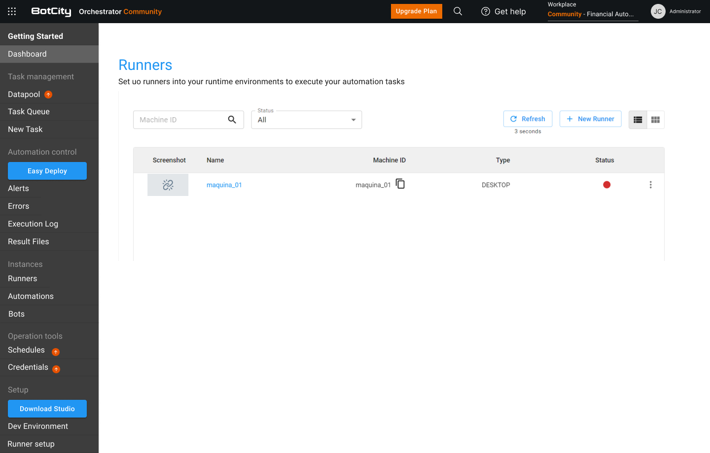Menú de Runners en el plan Comunidad